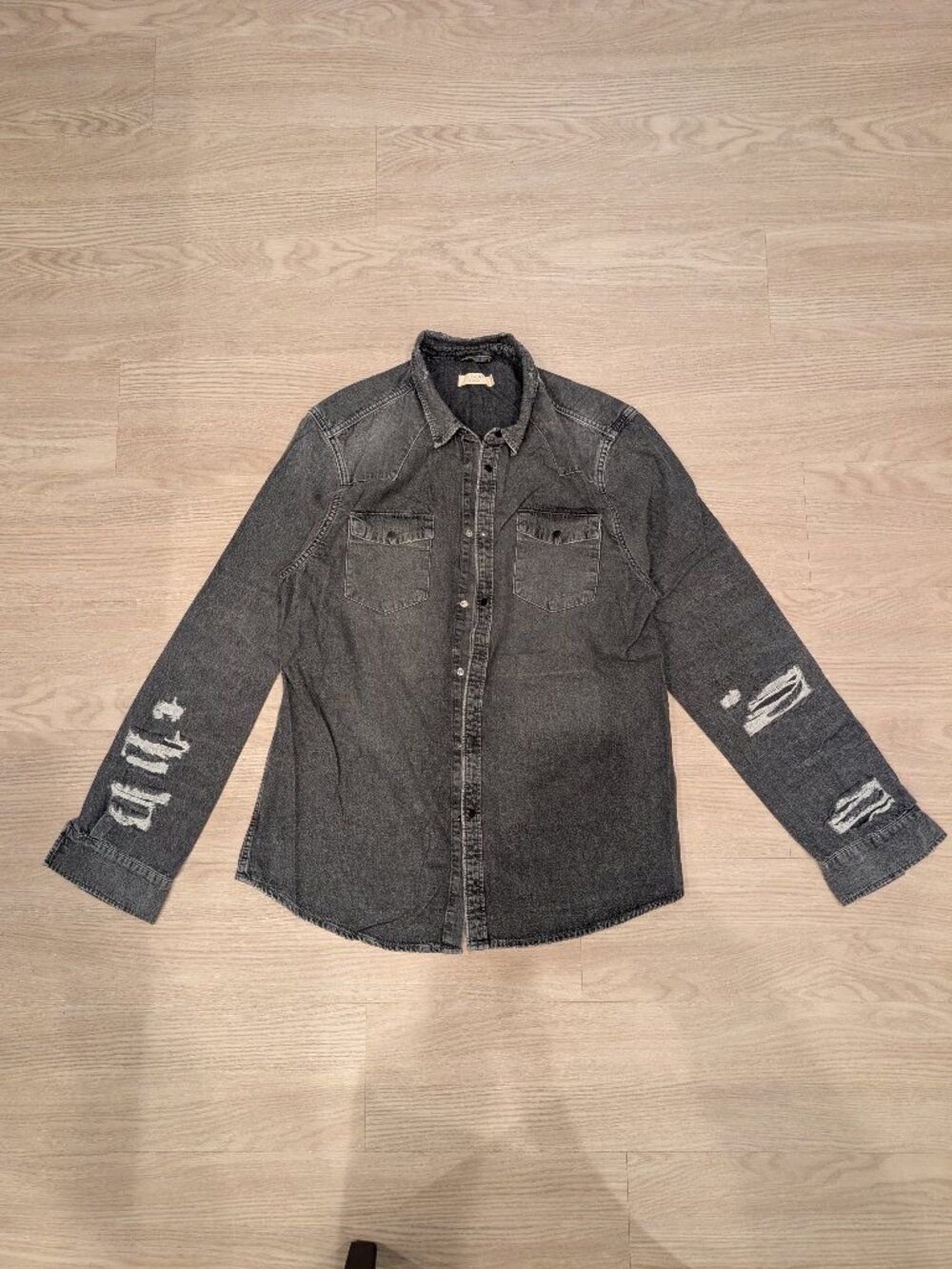 ALLSAINTS Beegan Distressed Washed Black Western Snap Denim Shirt Men's XXL
